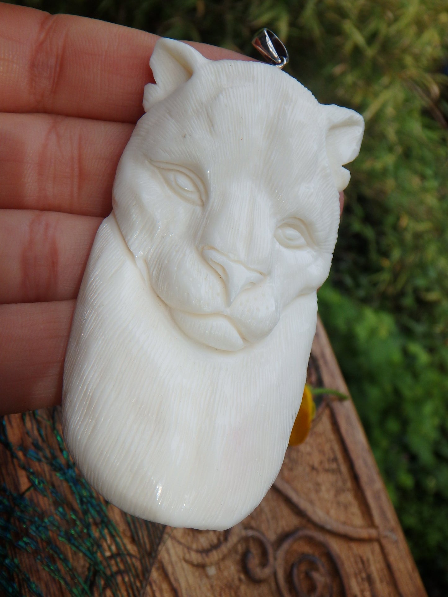 Intricately Carved Beautiful Cougar in Bone Pendant (Includes Silver Chain) - Earth Family Crystals