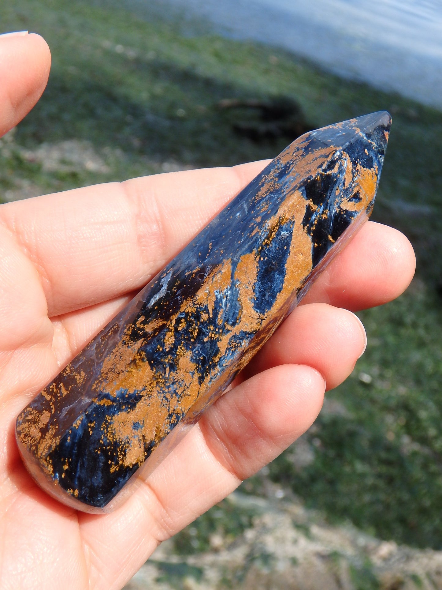 Satiny Blue Flashes & Swirls of Gold Pietersite Wand (Ideal for Energy Work) - Metiz Tier Price