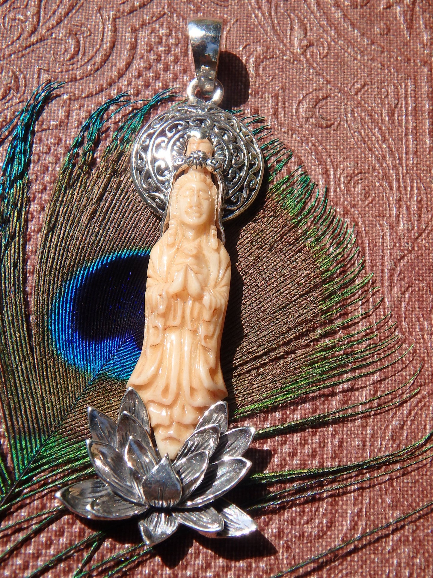 Lotus & Quan Yin Goddess Bone Carved Pendant in Sterling Silver (Includes Silver Chain) - Earth Family Crystals