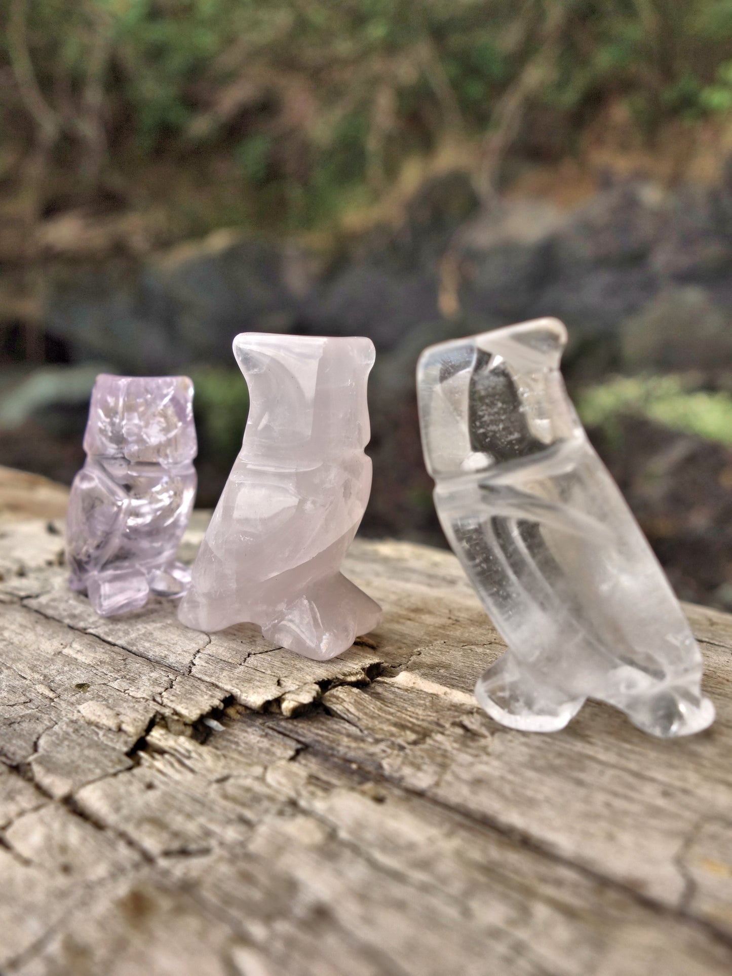 Set of 3 Cute Little Owl Carvings in Rose Quartz, Amethyst & Clear Quartz - Metiz Tier Price
