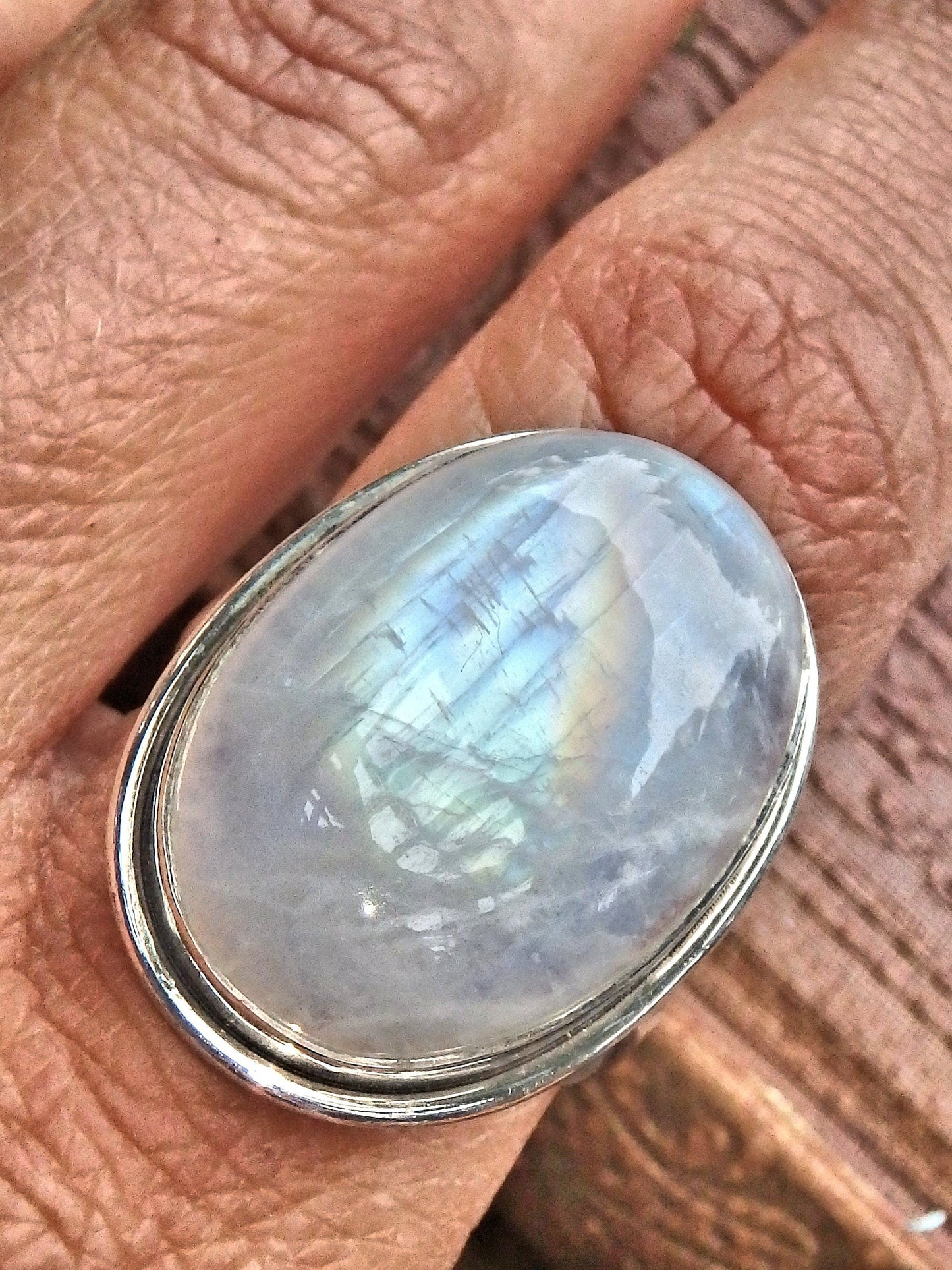 Dancing Rainbow Flashes Rainbow Moonstone Chunky Ring in Sterling Silver (Size 9)