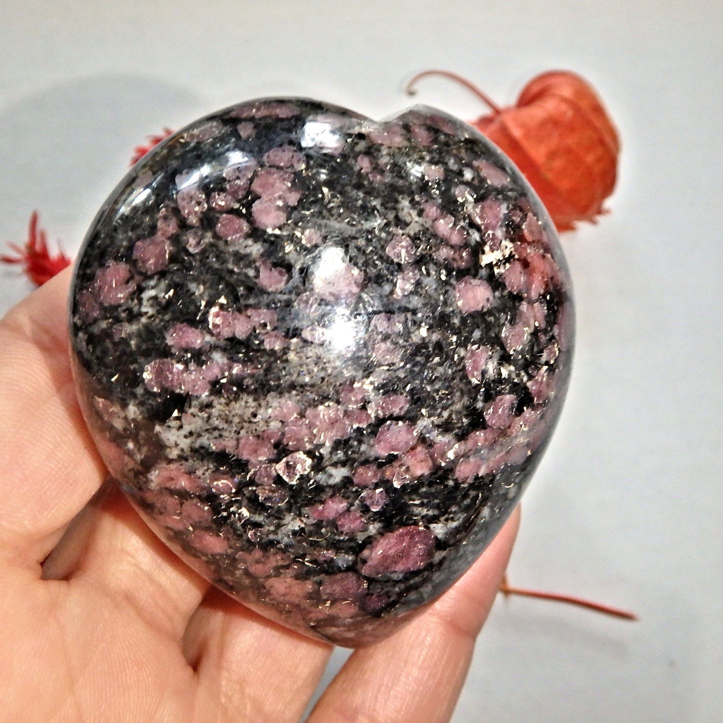 Cranberry Red Spinel Inclusions in Fuchsite Heart Carving 1