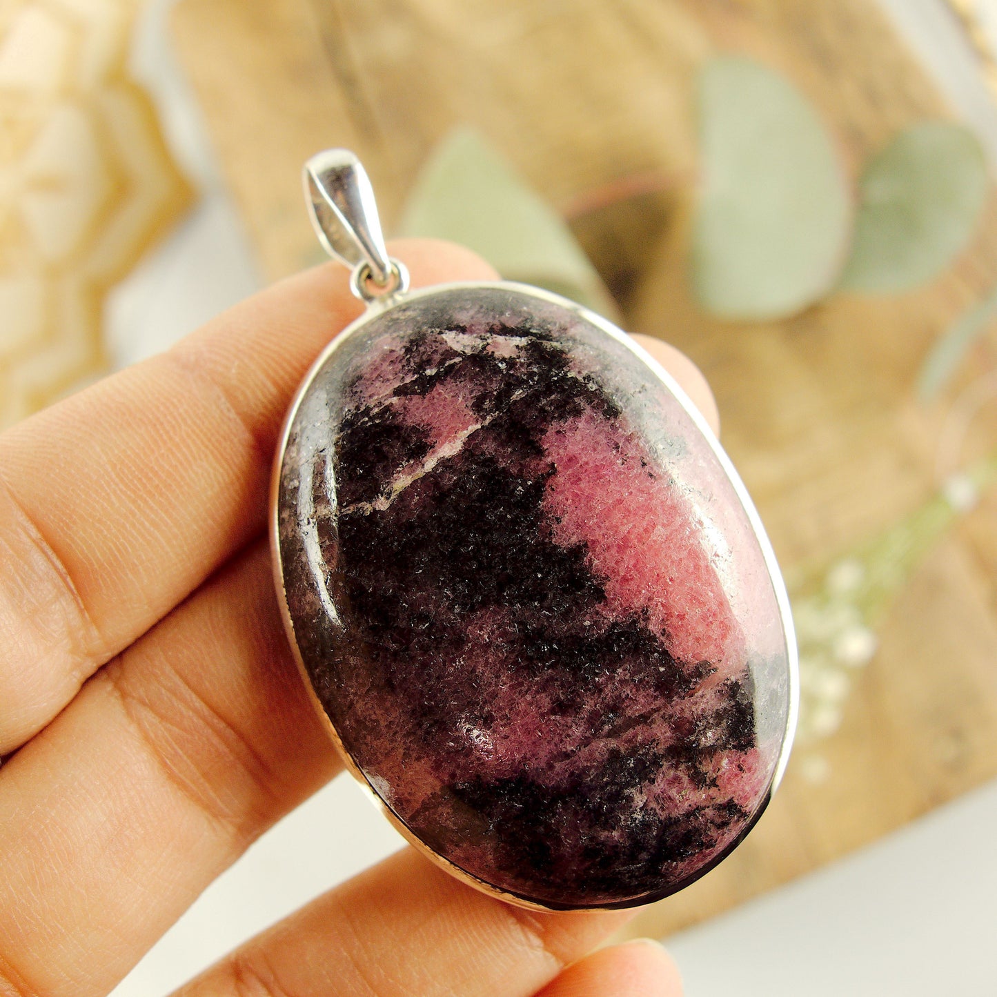 Chunky Cranberry Pink & Black Rhodonite Pendant in Sterling Silver (Includes Silver Chain)