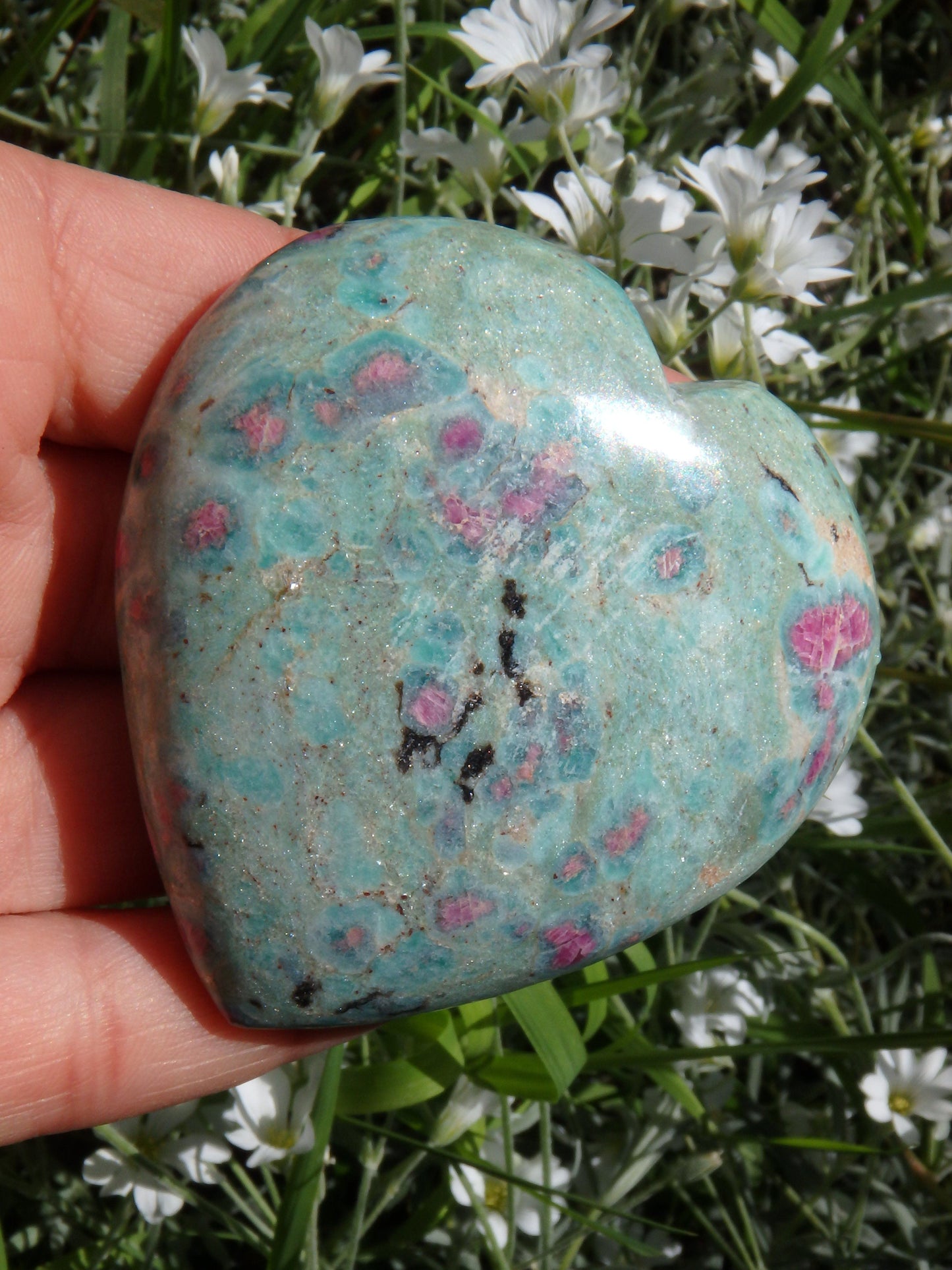 Beautiful Mint Green & Deep Lipstick Pink Ruby Fuschite Heart Carving 1