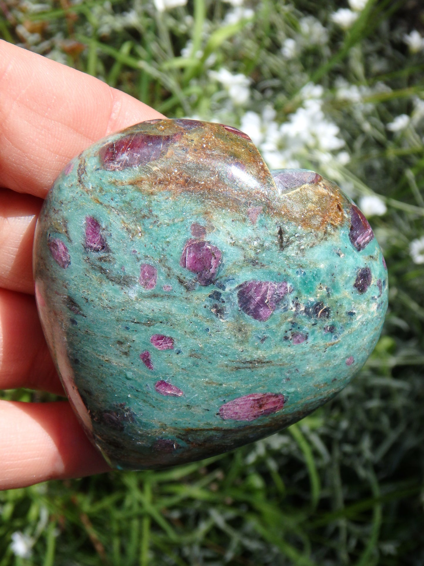 Gorgeous Deep Blue Green & Lipstick Pink Ruby Fuschite Heart Carving - Earth Family Crystals