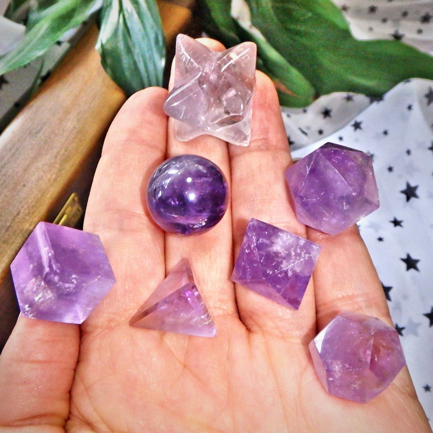 Complete 7 Stone Amethyst Sacred Geometry (Platonic solids) Carvings in Protective Wood Case