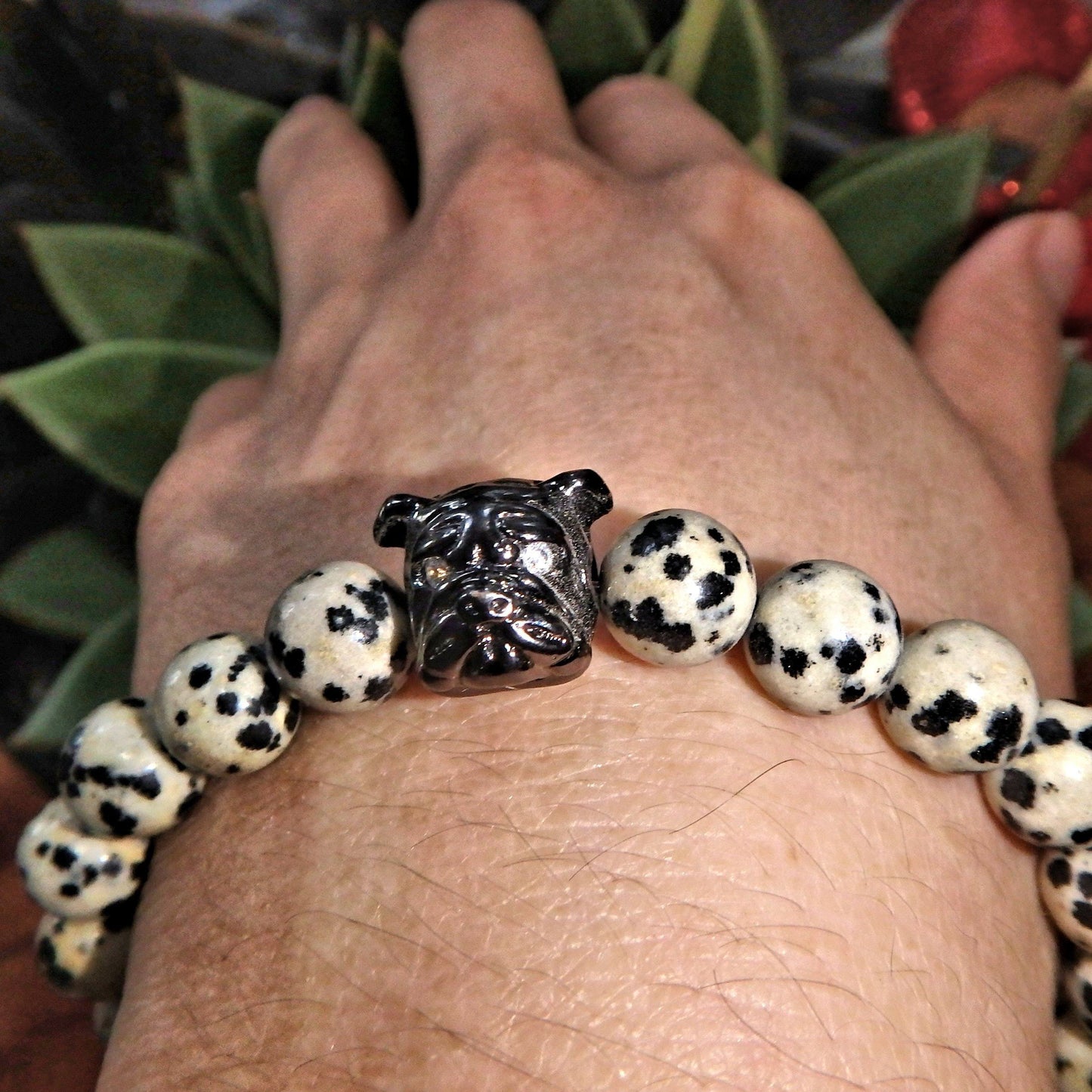 Dalmatian Jasper Bracelet With Bulldog Charm on Stretchy Cord