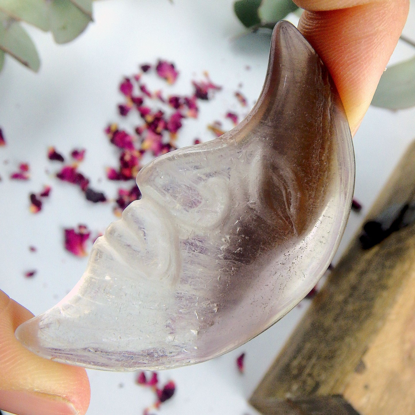Lovely Patterns Smoky Quartz Crescent Moon Face Carving - Earth Family Crystals