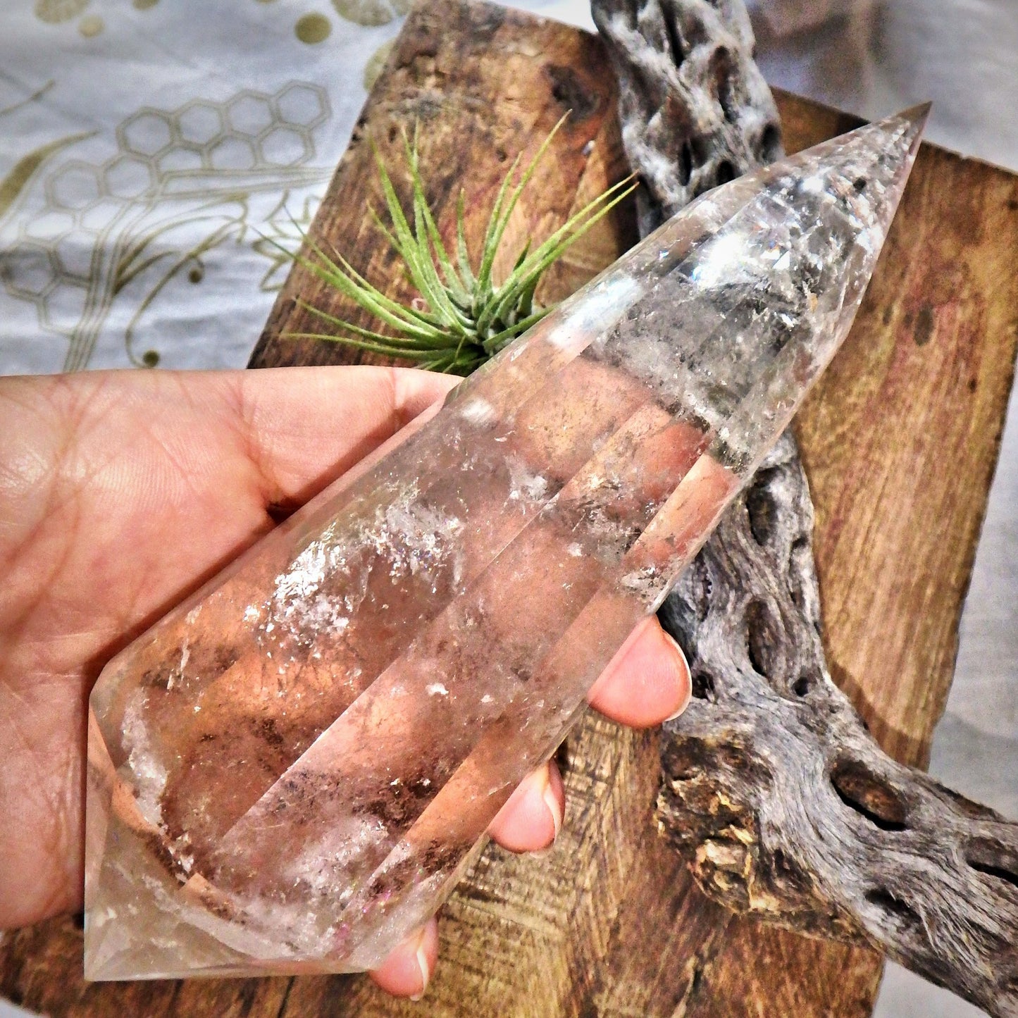 Long Large & Beautiful Slightly Smoky Quartz Vogel Carving From Brazil - Earth Family Crystals