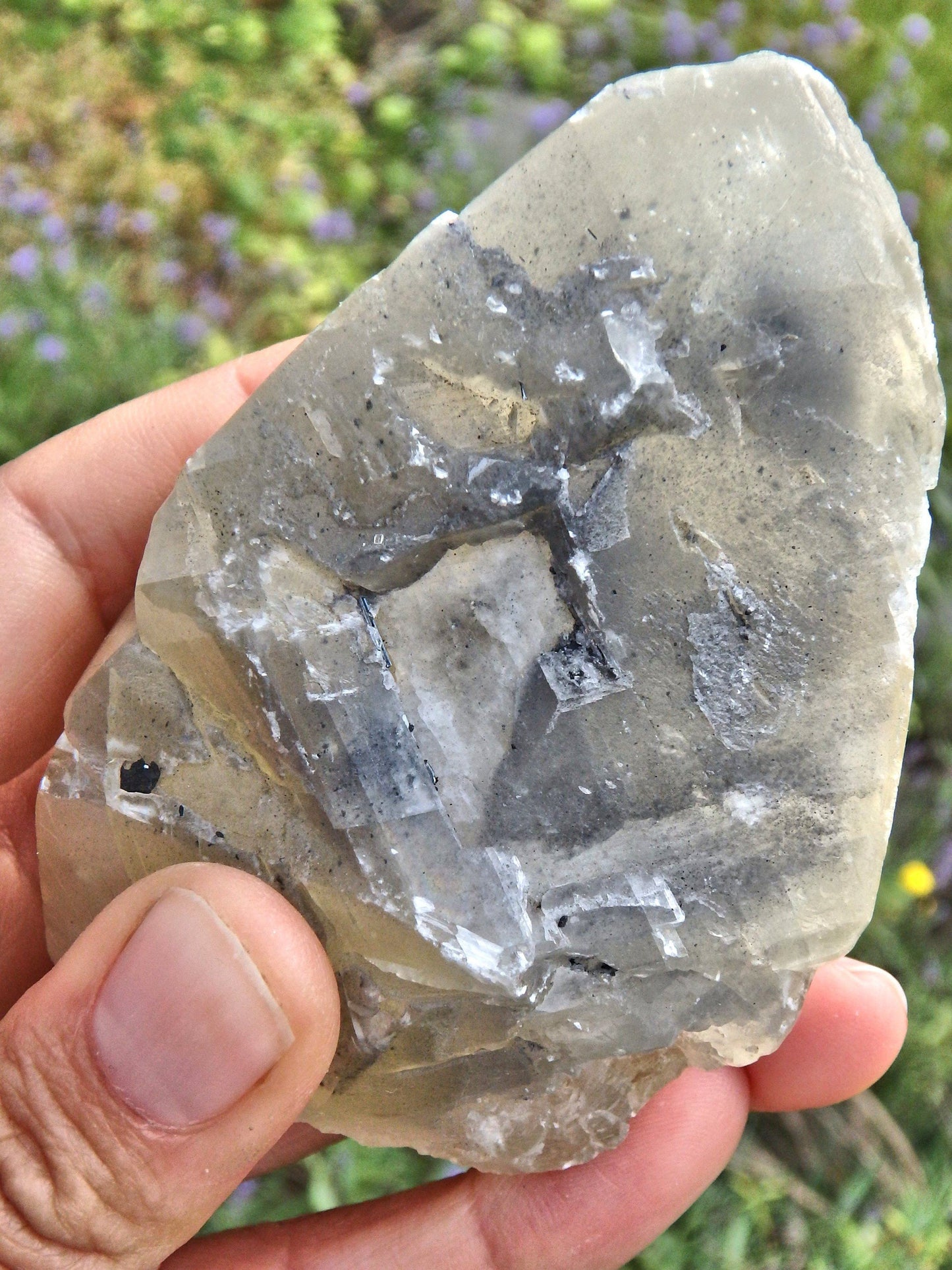 Brilliant Large Golden Calcite Point With Stibnite Inclusions & Self Healing