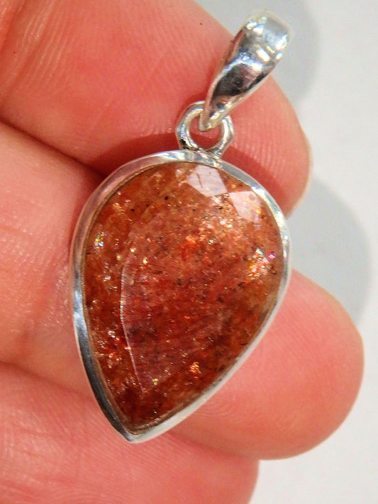 AA Grade Orange Shimmer Sunstone Faceted Pendant in Sterling Silver (Includes Silver Chain)