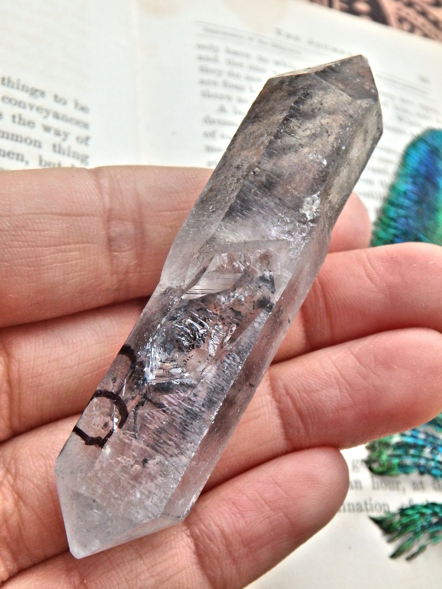 Moving Black Fragment Bubble in DT Tibetan Quartz Point - Earth Family Crystals