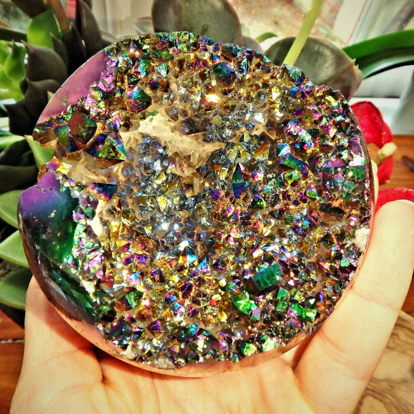 Mesmerizing XL Titanium Quartz Geode Sphere Carving From Brazil - Earth Family Crystals