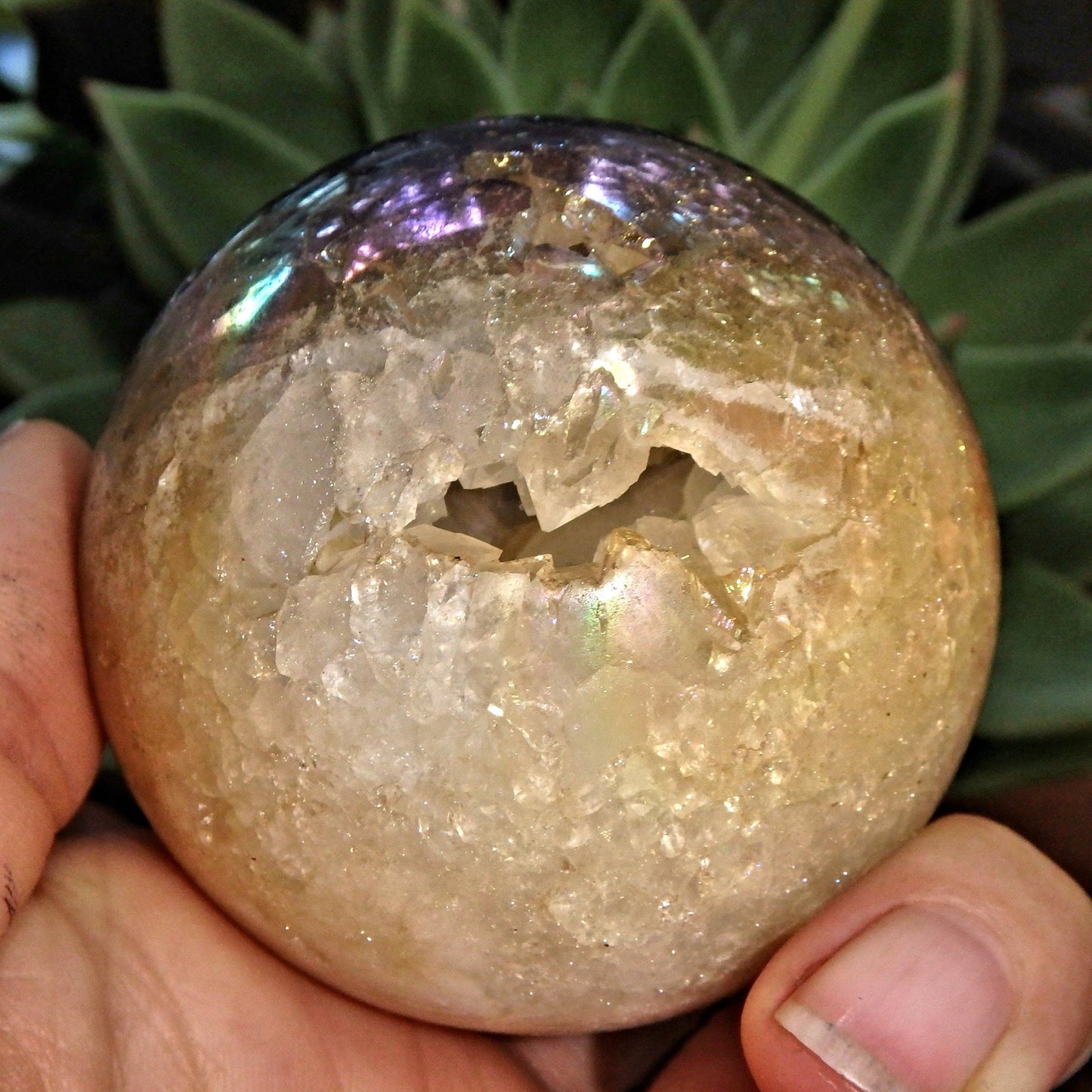 Deep Druzy Caves Rainbow Glow Titanium Quartz Geode Sphere From Brazil