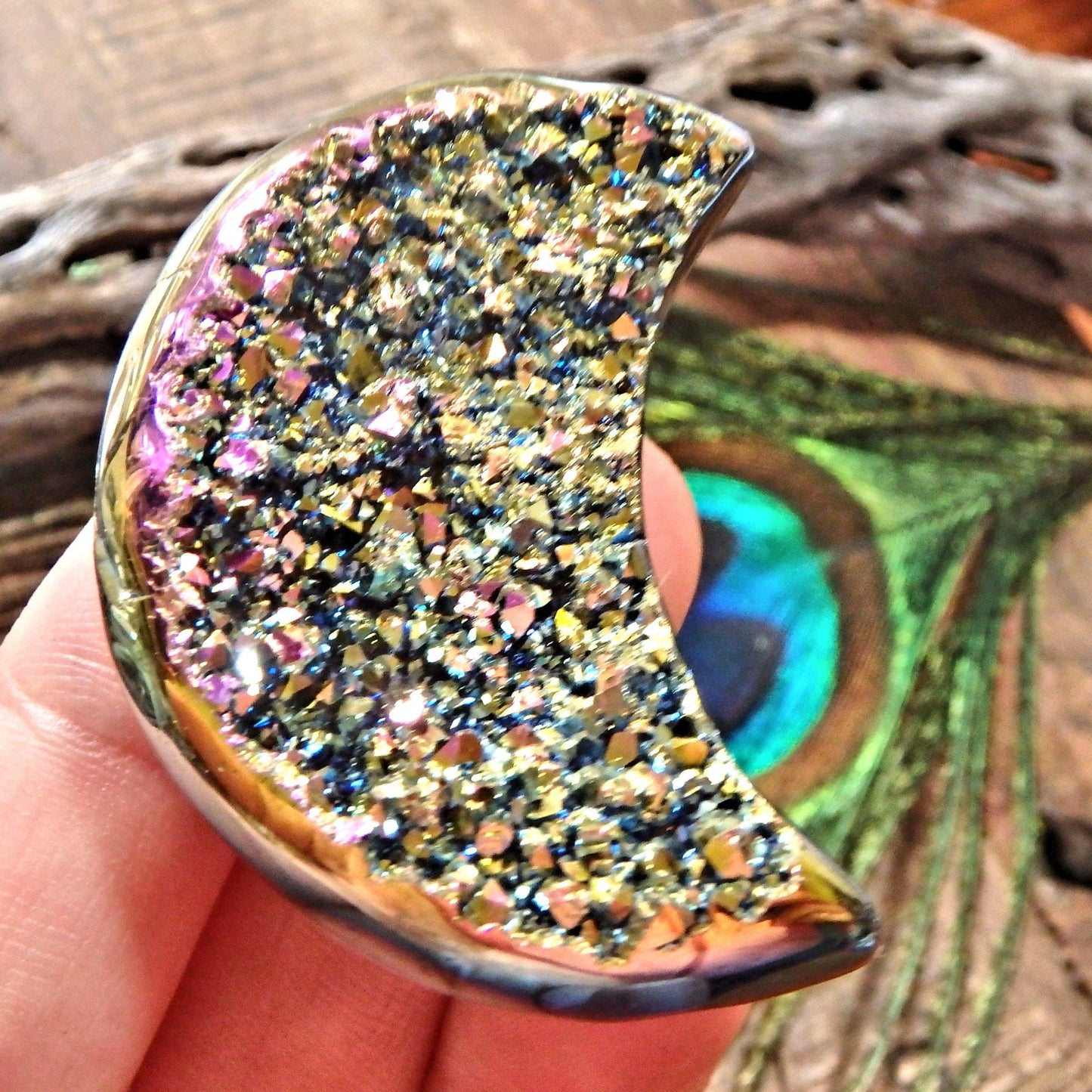Adorable Druzy Sparkle Rainbow Titanium Quartz & Agate Geode Crescent Moon Carving