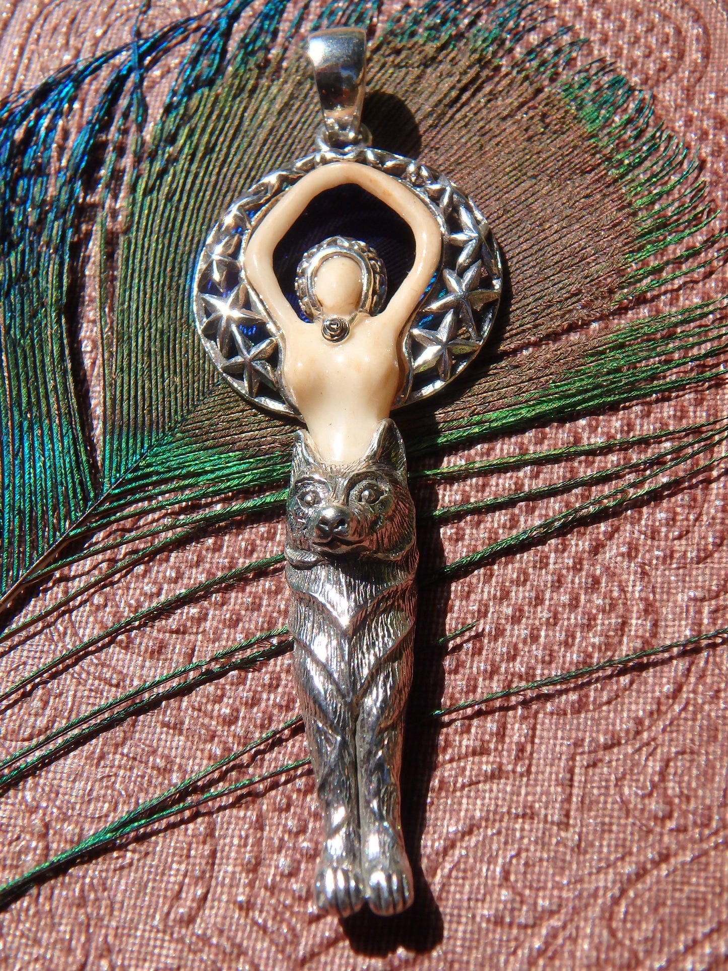 Unique Wolf & Goddess Carved Bone Pendant in Sterling Silver (Includes Silver Chain) - Earth Family Crystals