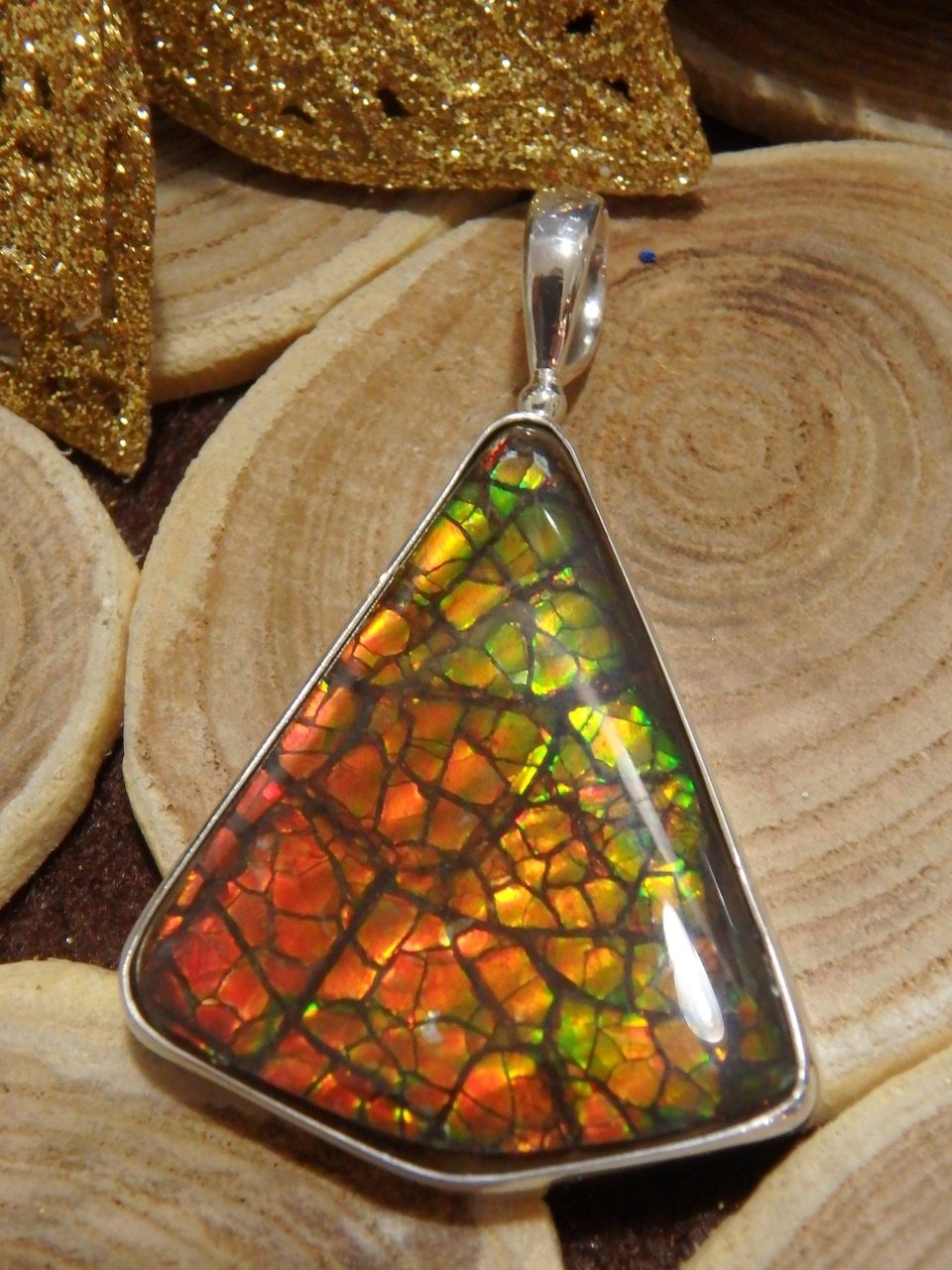 Gorgeous Flashes Large Ammolite Free Form Pendant in Sterling Silver (Includes Silver Chain) - Earth Family Crystals
