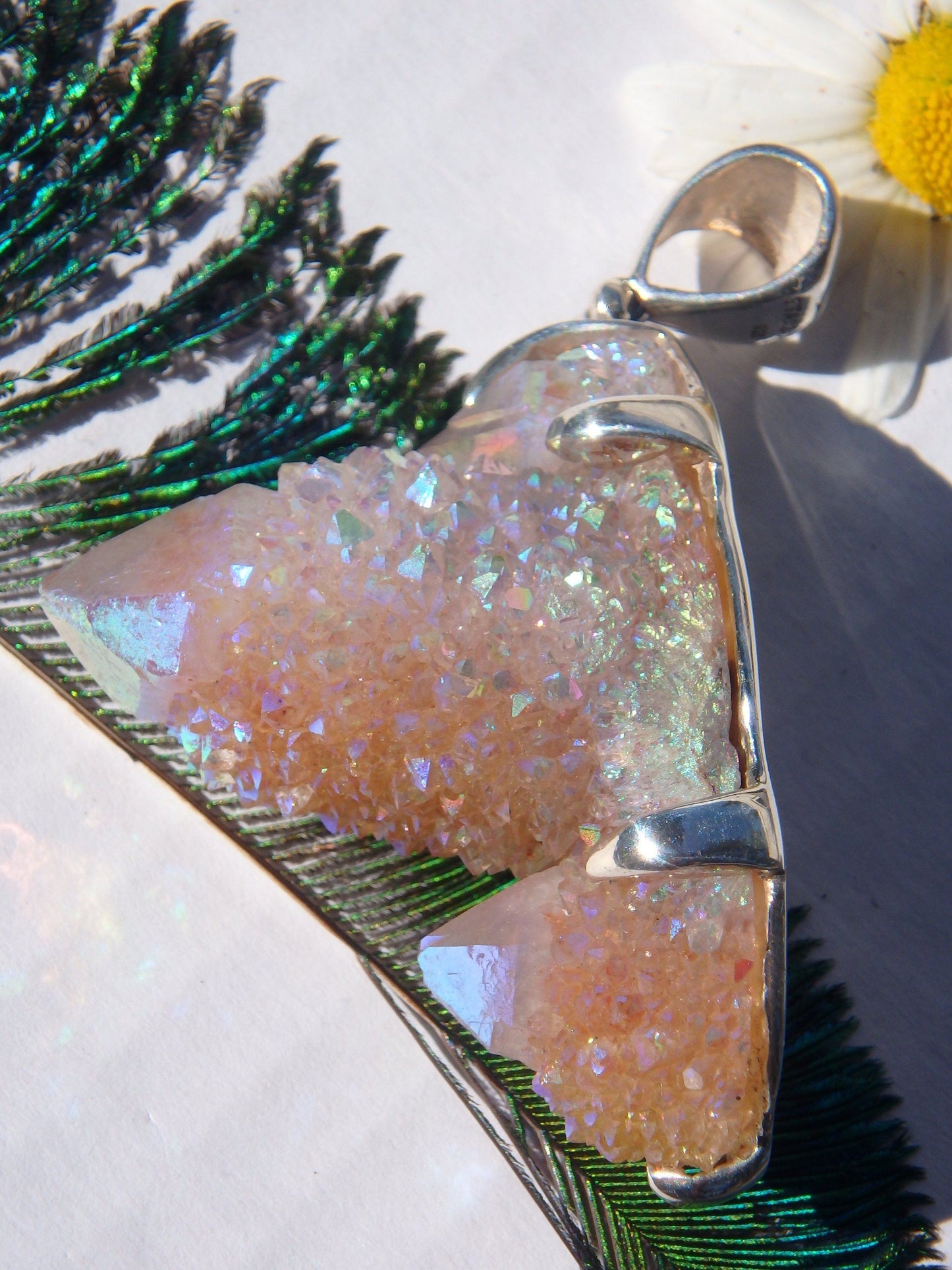 Chunky Statement Piece~Shimmering Angel Aura Spirit Quartz Triple Point Pendant in Sterling Silver (Includes Silver Chain)
