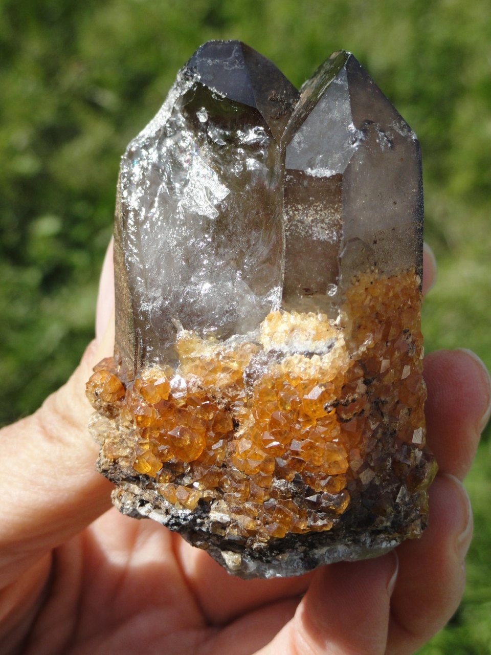 Gorgeous Natural Twin SMOKY QUARTZ Cluster With SPESSARTINE Garnet* - Earth Family Crystals