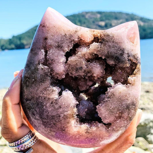 Adorable XXL Pink Amethyst Druzy Cat Head Geode Carving