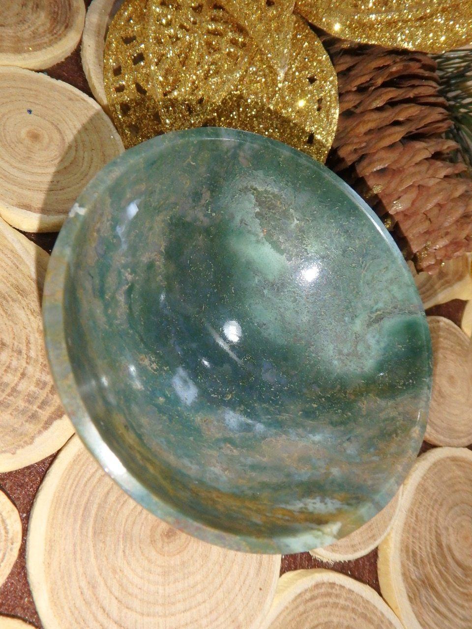 Beautiful Green Depth Moss Agate Bowl Carving 2