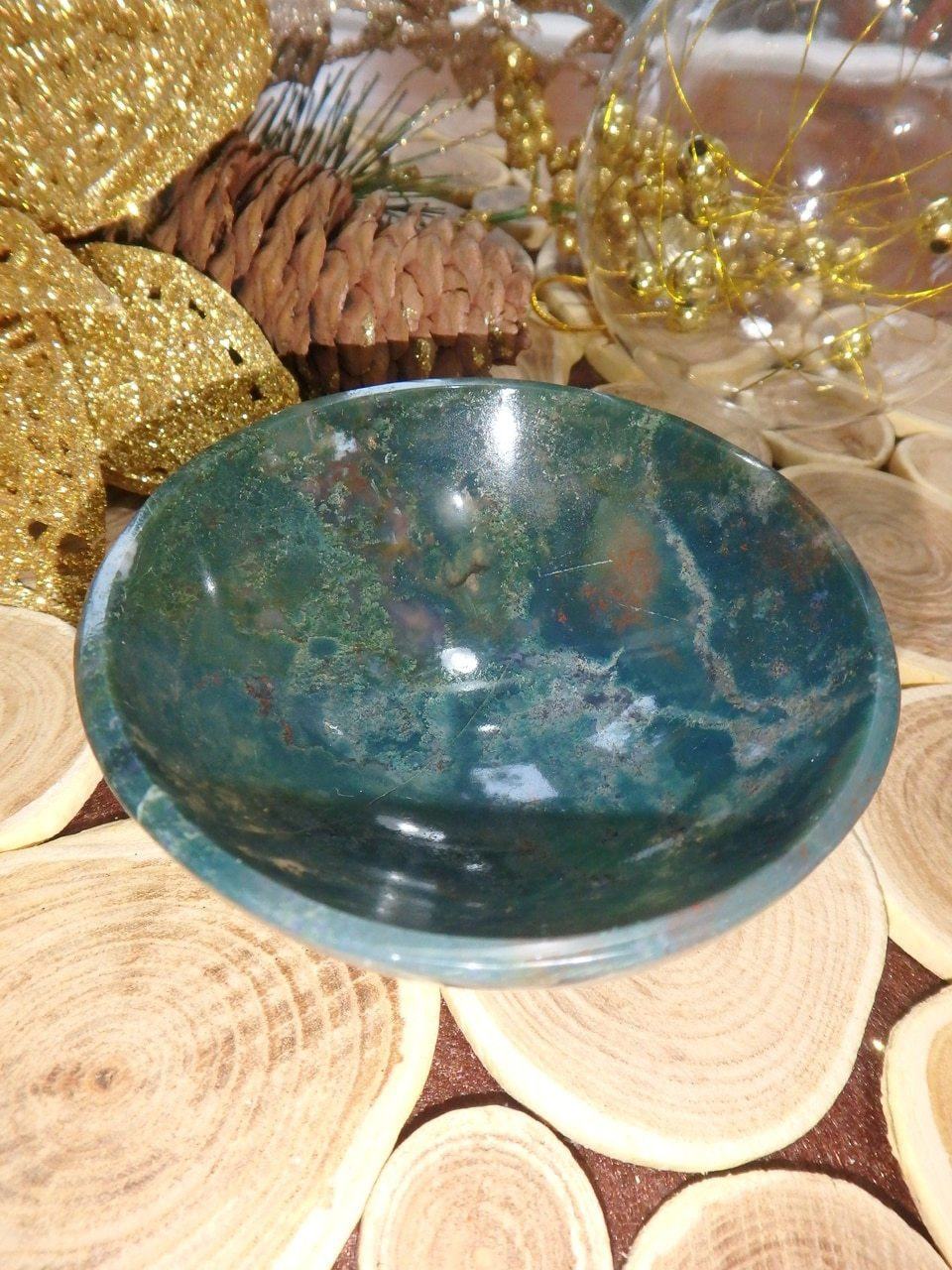 Beautiful Green Depth Moss Agate Bowl Carving 1
