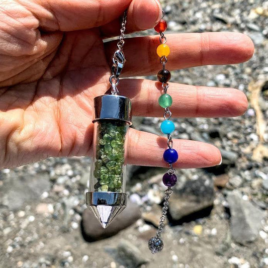 3 in 1 Peridot Crystal Chips Point Pendulum With Detachable Chakra Bead Chain (Use as a Pendant, Bracelet & Pendulum)