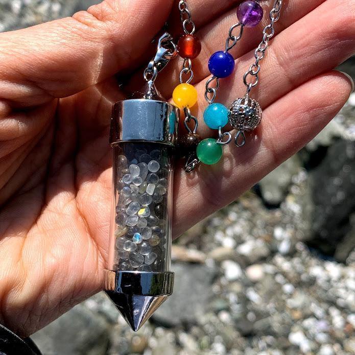  3 in 1 Rainbow Labradorite Crystal Chips Point Pendulum With Detachable Chakra Bead Chain (Use as a  Pendant, Bracelet & Pendulum)