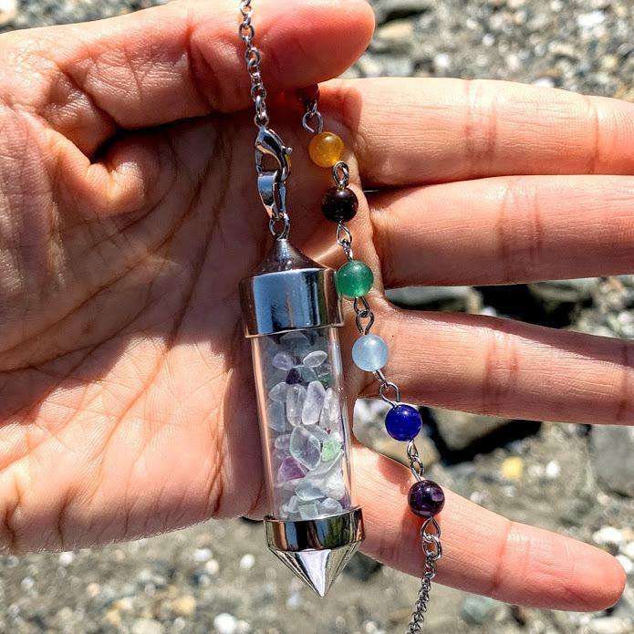  3 in 1 Rainbow Fluorite Crystal Chips Point Pendulum With Detachable Chakra Bead Chain (Use as a  Pendant, Bracelet & Pendulum)