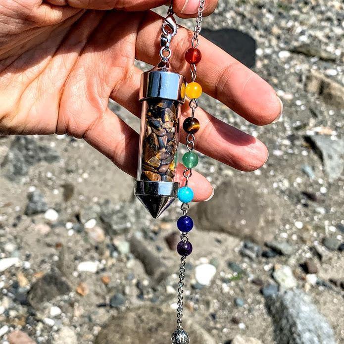  3 in 1 Tiger Eye Crystal Chips Point Pendulum With Detachable Chakra Bead Chain (Use as a  Pendant, Bracelet & Pendulum)