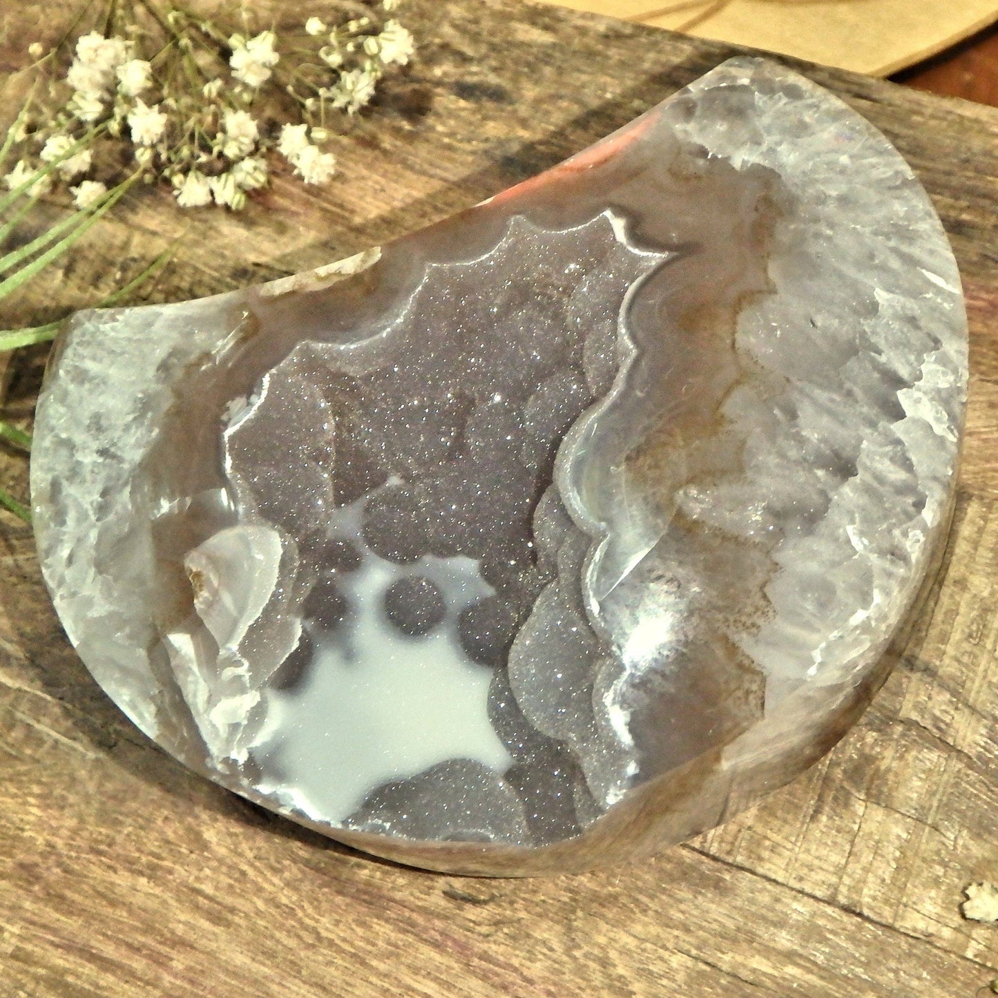  Breathtaking Large Sparkling Galaxy Agate Geode Crescent Moon Display Carving