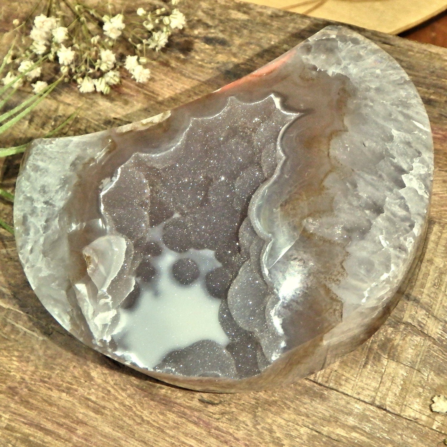  Breathtaking Large Sparkling Galaxy Agate Geode Crescent Moon Display Carving