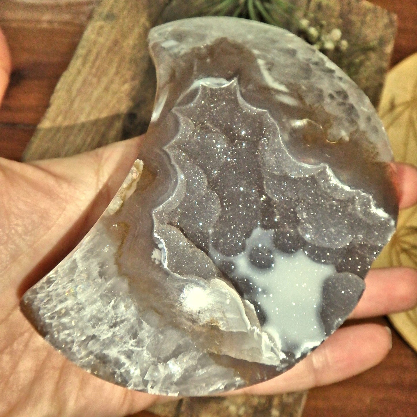  Breathtaking Large Sparkling Galaxy Agate Geode Crescent Moon Display Carving