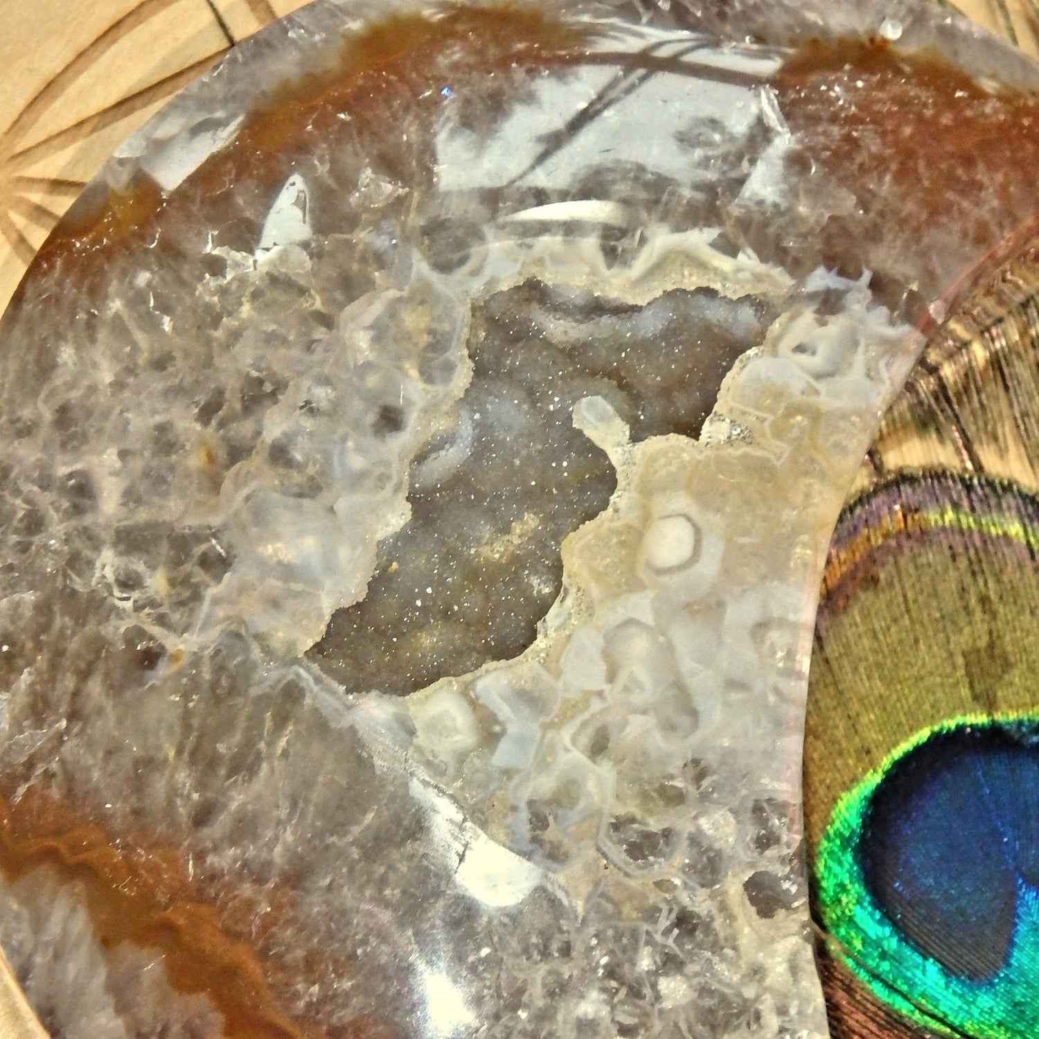Exquisite XL Sparkling Galaxy Agate Geode Crescent Moon Display Carving - Earth Family Crystals