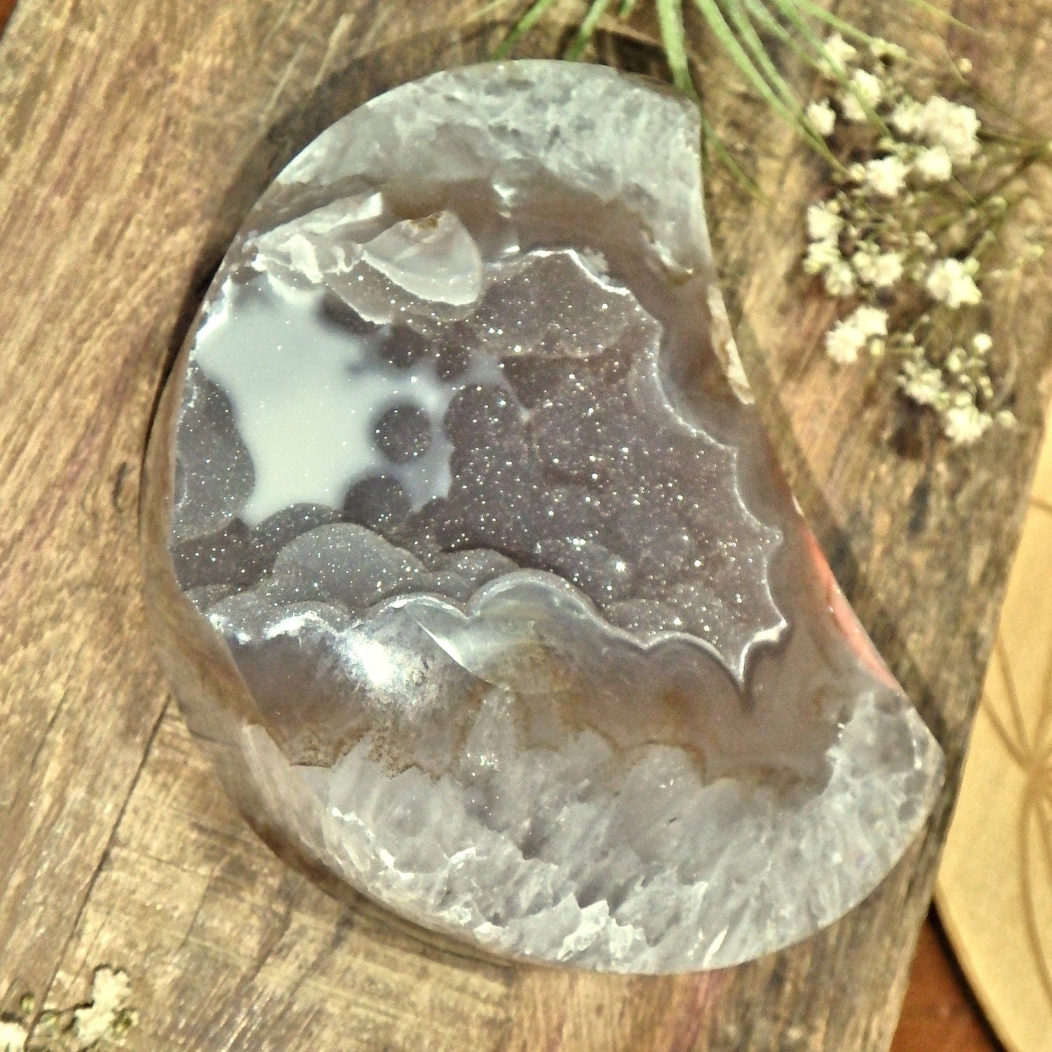  Breathtaking Large Sparkling Galaxy Agate Geode Crescent Moon Display Carving