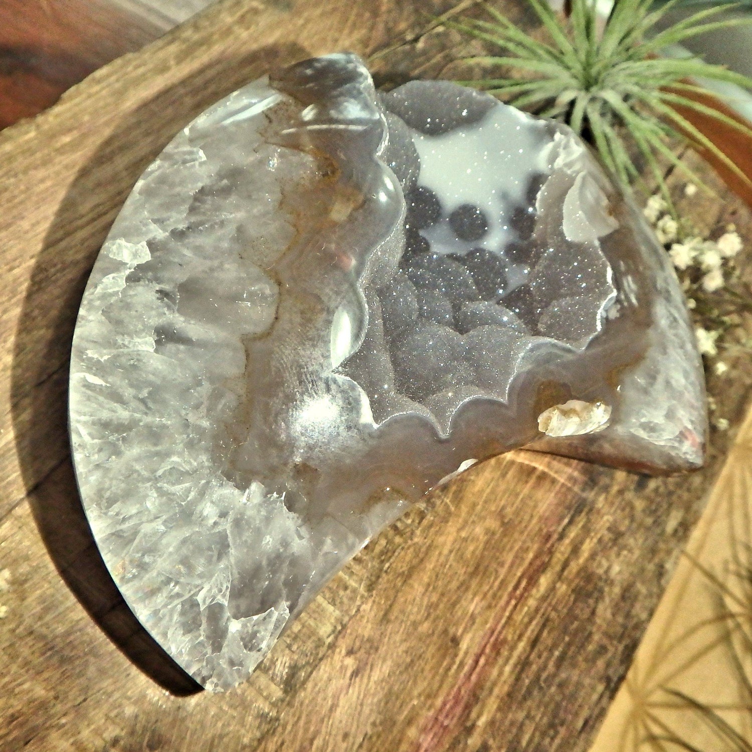  Breathtaking Large Sparkling Galaxy Agate Geode Crescent Moon Display Carving