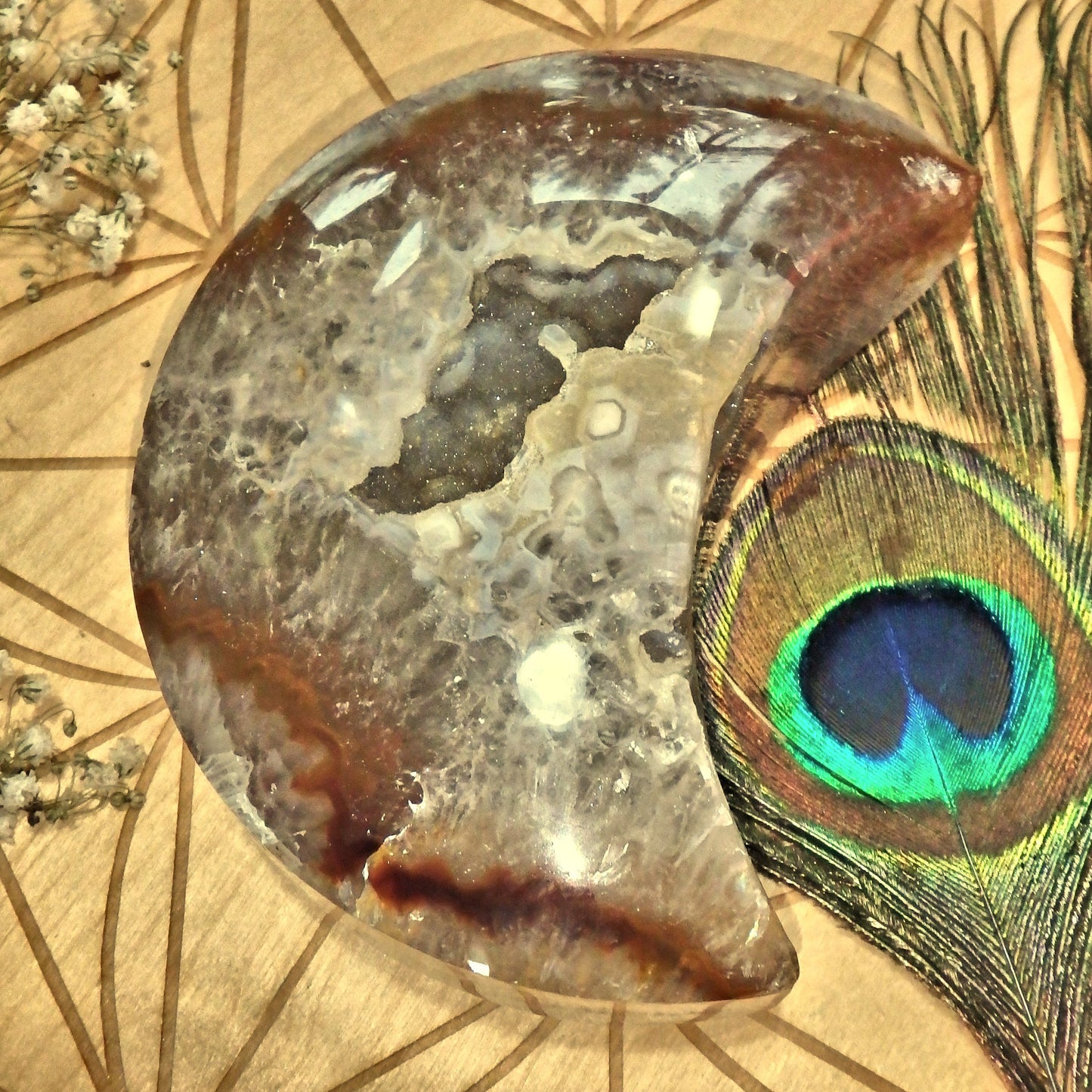 Exquisite XL Sparkling Galaxy Agate Geode Crescent Moon Display Carving - Earth Family Crystals