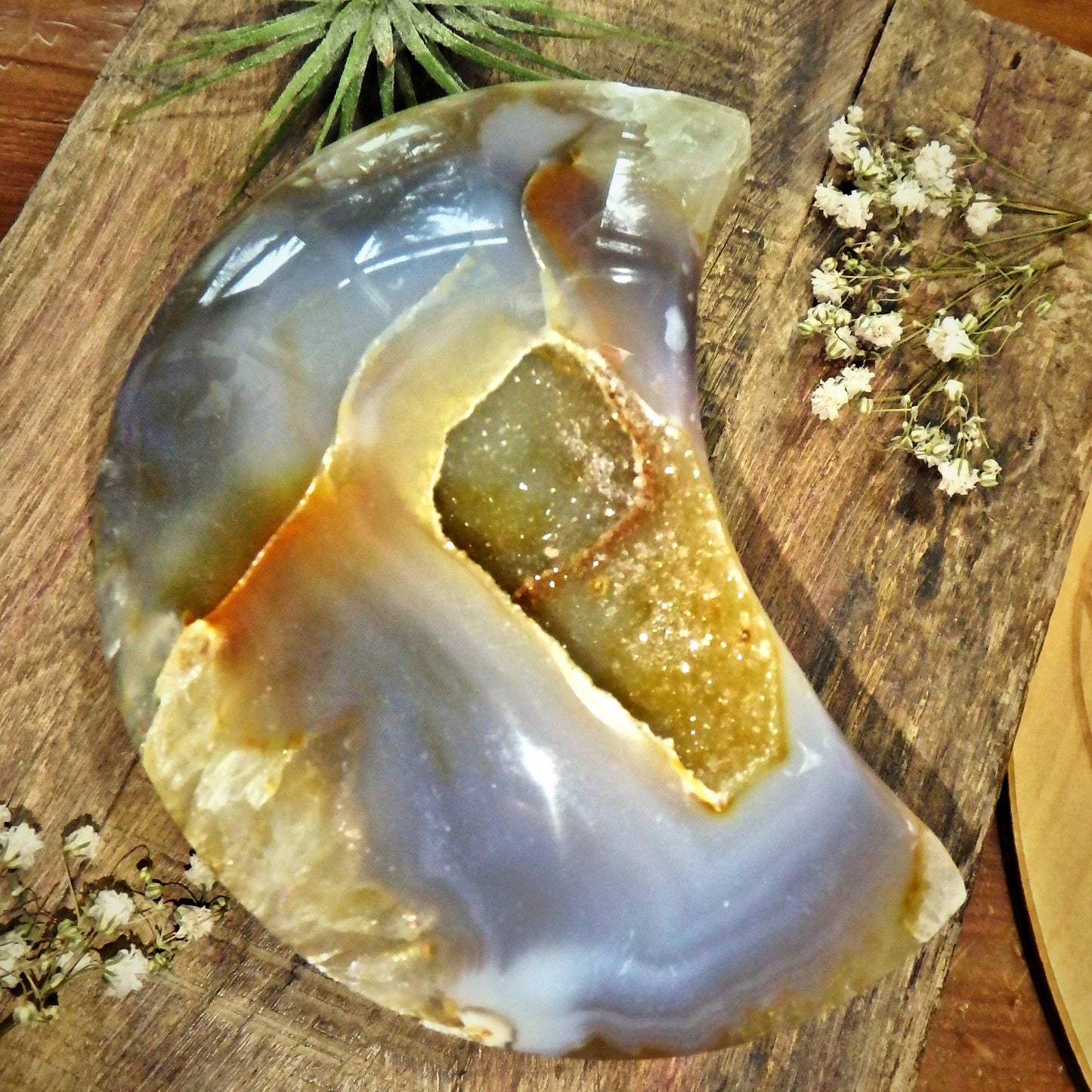 Incredible Chunky Large Sparkling Galaxy Agate Geode Crescent Moon Display Carving