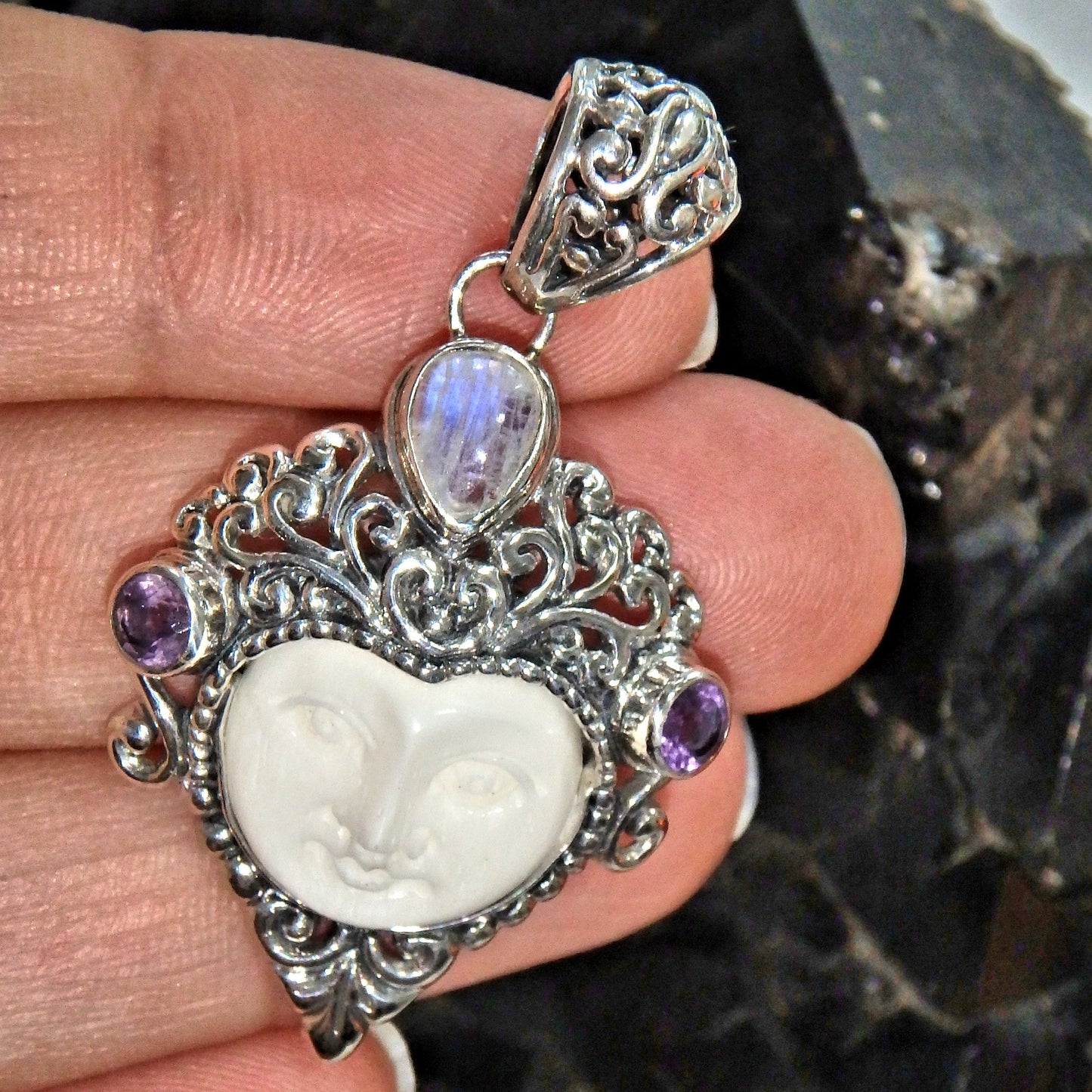  Elegant Faceted Amethyst Rainbow Moonstone Bone Face Pendant in Sterling Silver ( Includes Silver Chain)