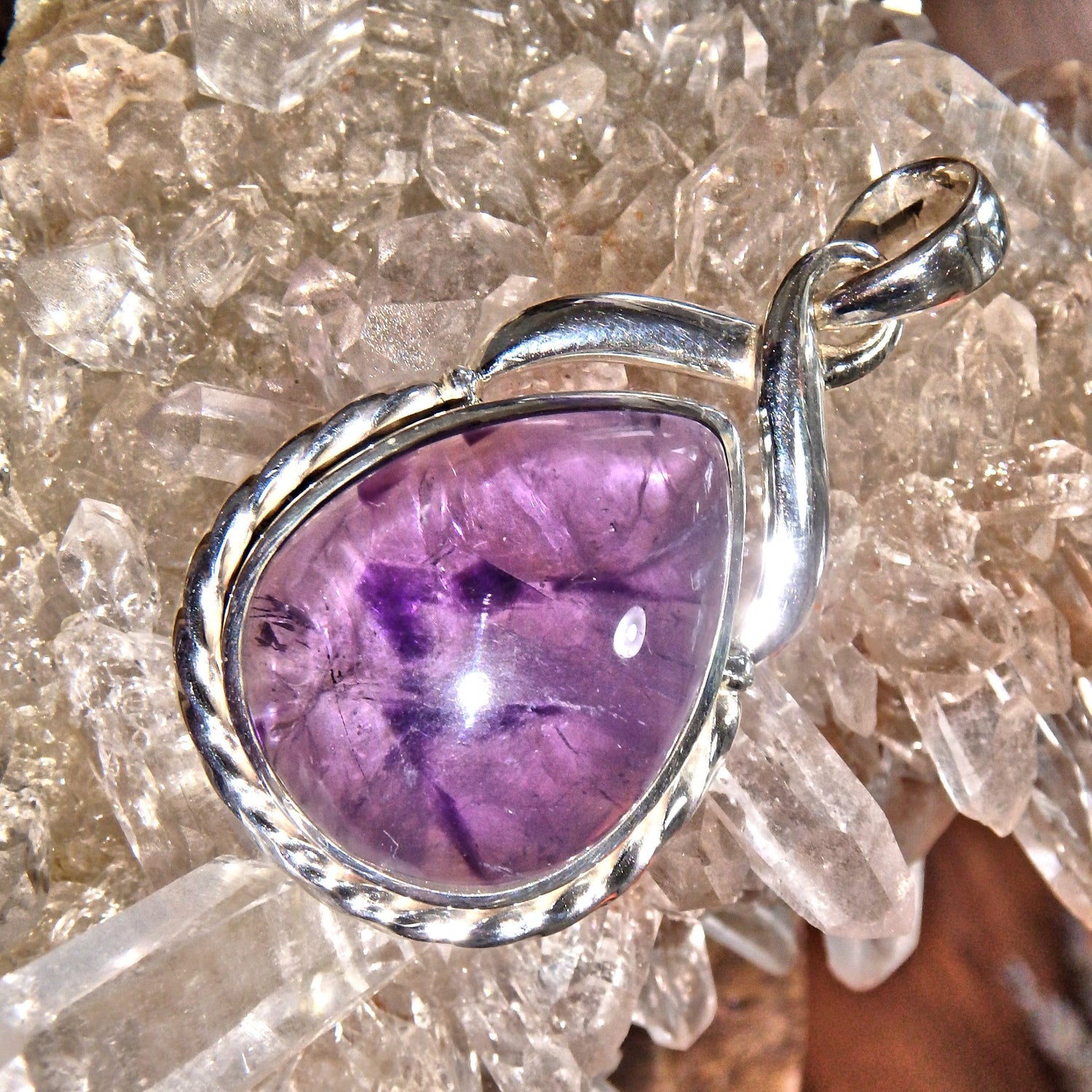 Healing Optical Purple Amethyst Elegant  Pendant in Sterling Silver (Includes Silver Chain) - Earth Family Crystals