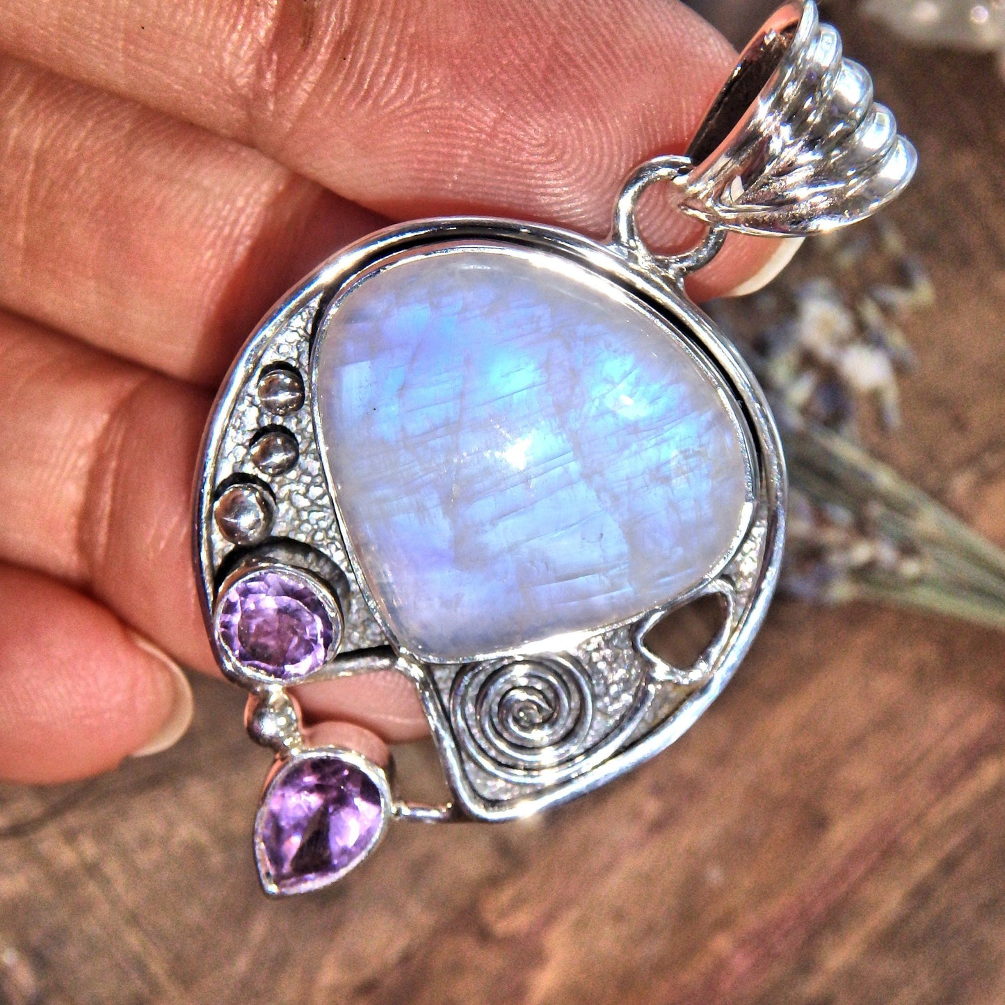  Divine Faceted Amethyst & Rainbow Moonstone Sterling Silver Pendant (Includes Silver Chain) 8