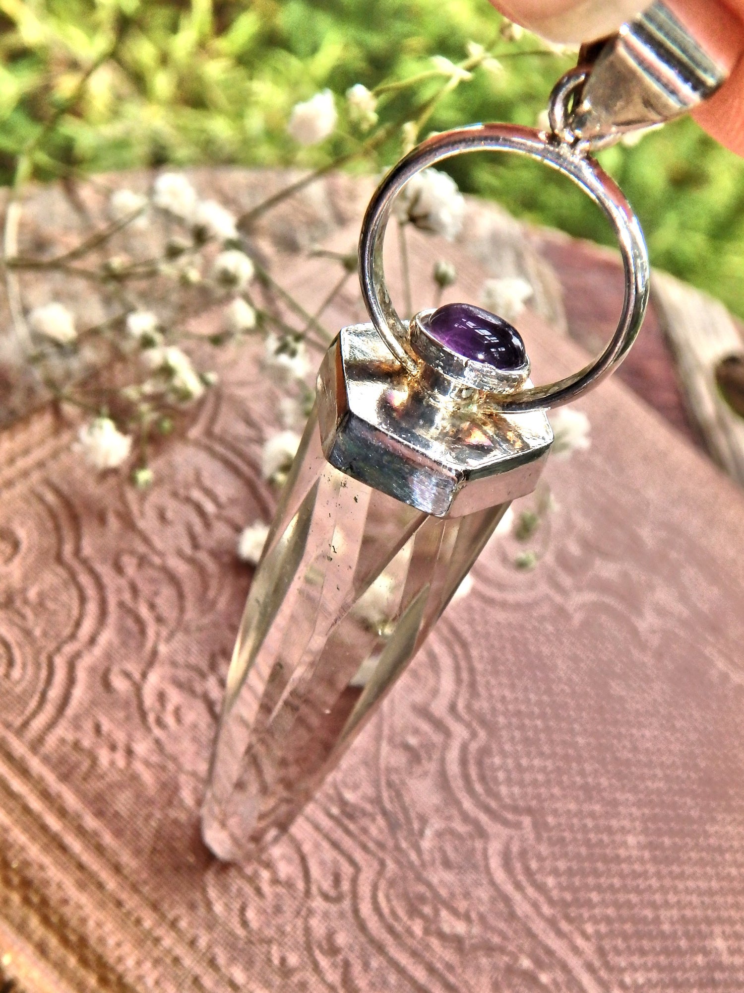 Long Optical Clear Quartz Point Pendant With Jelly Purple Amethyst Accent Stone (Includes Silver Chain)REDUCED - Earth Family Crystals