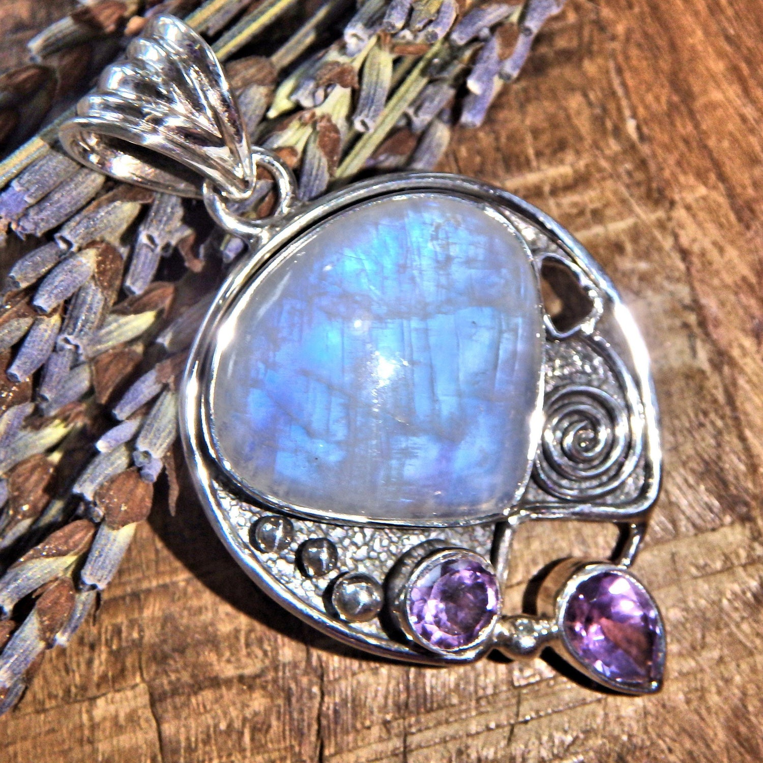  Divine Faceted Amethyst & Rainbow Moonstone Sterling Silver Pendant (Includes Silver Chain) 8