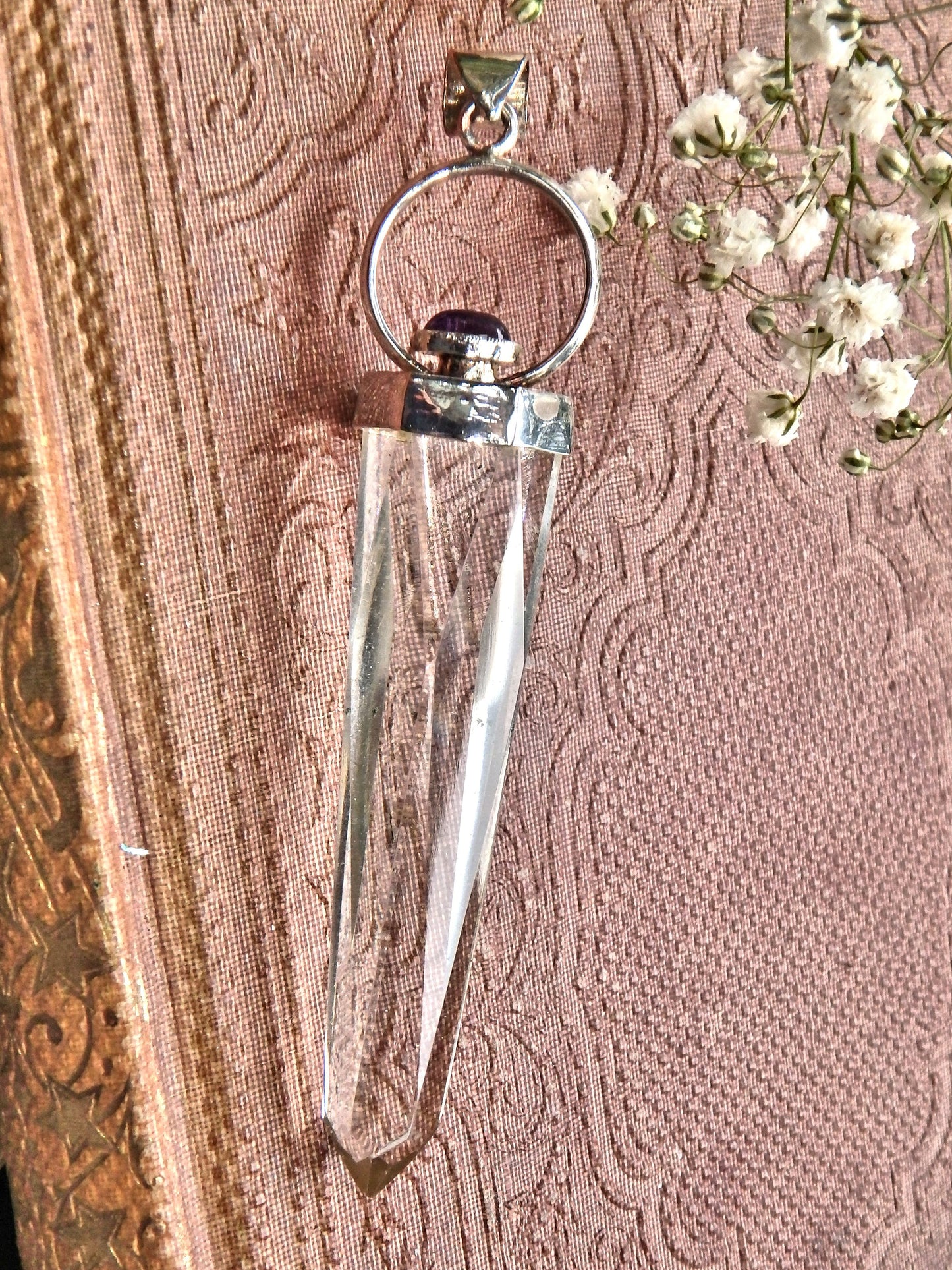 Long Optical Clear Quartz Point Pendant With Jelly Purple Amethyst Accent Stone (Includes Silver Chain)REDUCED - Earth Family Crystals
