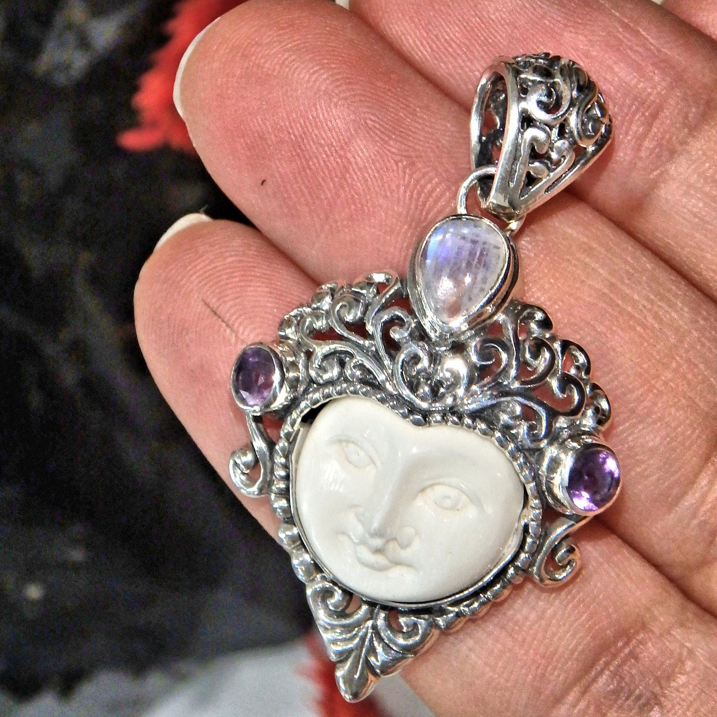  Elegant Faceted Amethyst Rainbow Moonstone Bone Face Pendant in Sterling Silver ( Includes Silver Chain)
