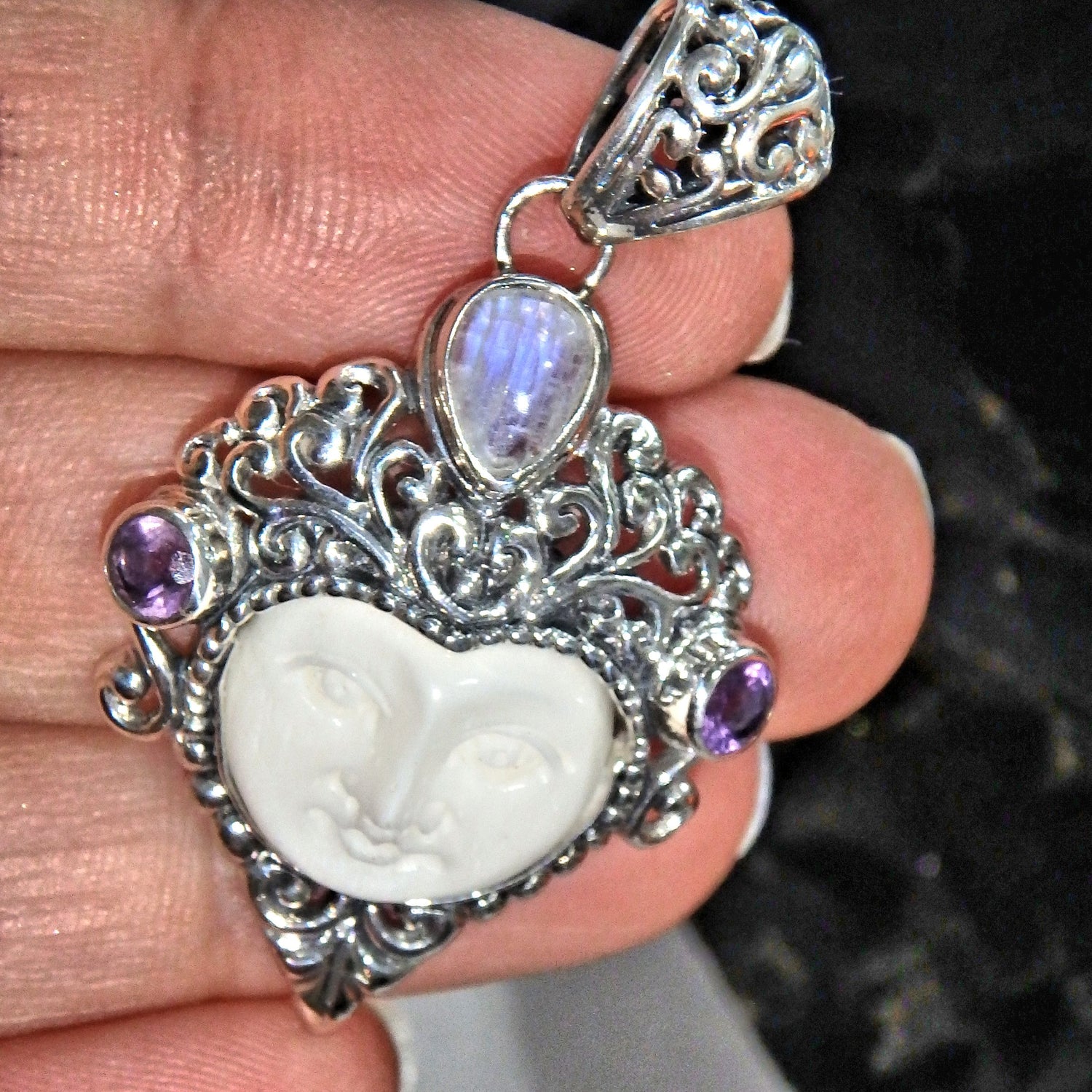  Elegant Faceted Amethyst Rainbow Moonstone Bone Face Pendant in Sterling Silver ( Includes Silver Chain)