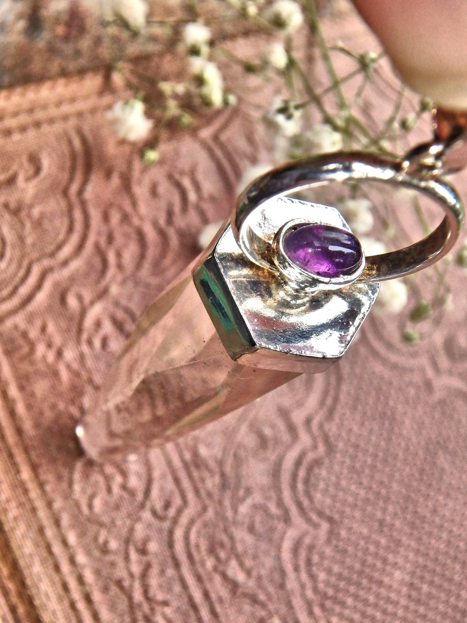 Long Optical Clear Quartz Point Pendant With Jelly Purple Amethyst Accent Stone (Includes Silver Chain)REDUCED - Earth Family Crystals