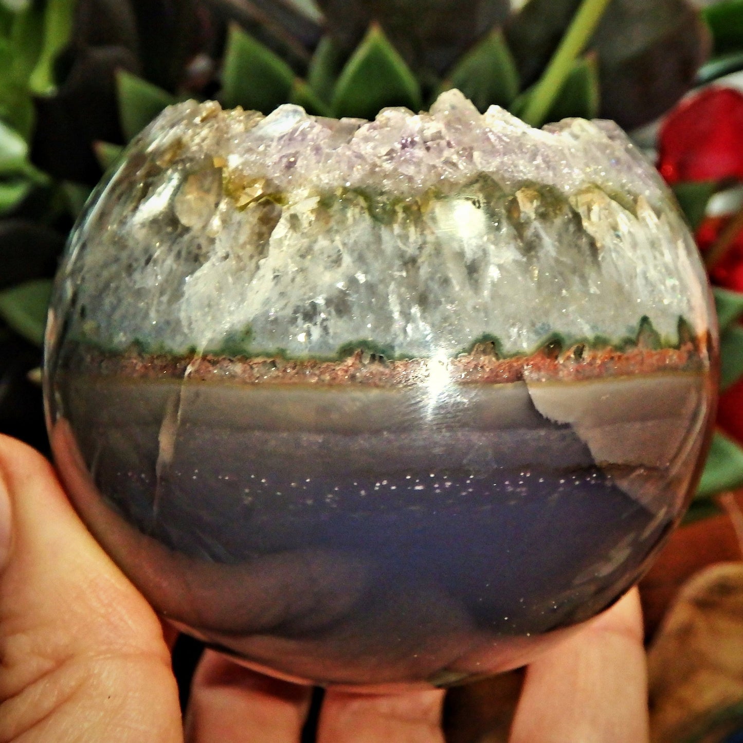 Landscape Patterns Purple Amethyst Druzy & Polished Agate Geode Sphere From Brazil