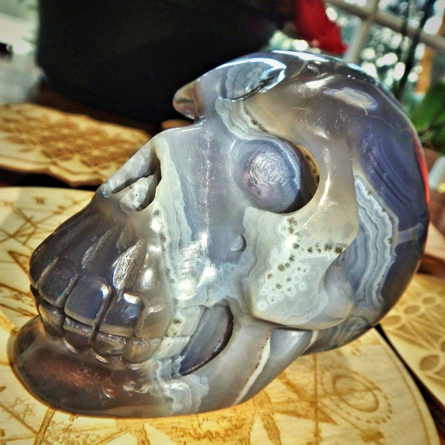 Mr Spunky ~Deep Amethyst Druzy Cave & Blue Agate Swirls Large Skull Carving From Brazil - Earth Family Crystals