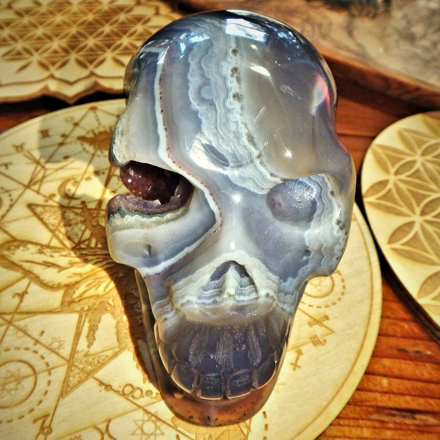 Mr Spunky ~Deep Amethyst Druzy Cave & Blue Agate Swirls Large Skull Carving From Brazil - Earth Family Crystals
